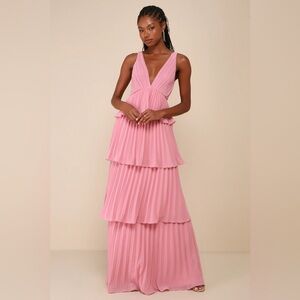 Lulus Mesmerizing Essence Pink Pleated Backless Tiered Maxi Dress Medium
